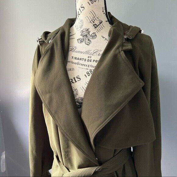 NWT Rachel Roy dark green water repellent crepe hooded trench coat w/ pockets - Picture 6 of 12